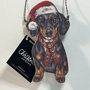 Daschund Dog Wooden Christmas Ornament Santa Hat  4.5" Weiner Brown Black New